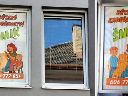 PIXEL reklama - děrovaná samolepky OWV - polep okna v prvním patře - ŠMIK