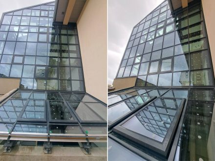 PIXEL reklama - Stavební škola HB - polep proti ptákům - rastr 200x200mm | polepená plocha 115m2 / cca 2 486 ks samolepek pískované sklo, průměr 37mm